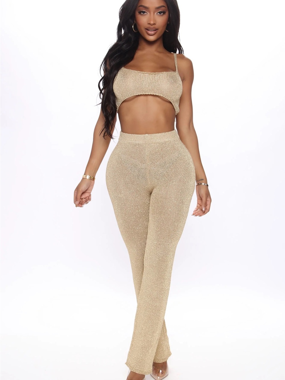 Gold Sparkle High-Waist Knit set Pants and top- Women